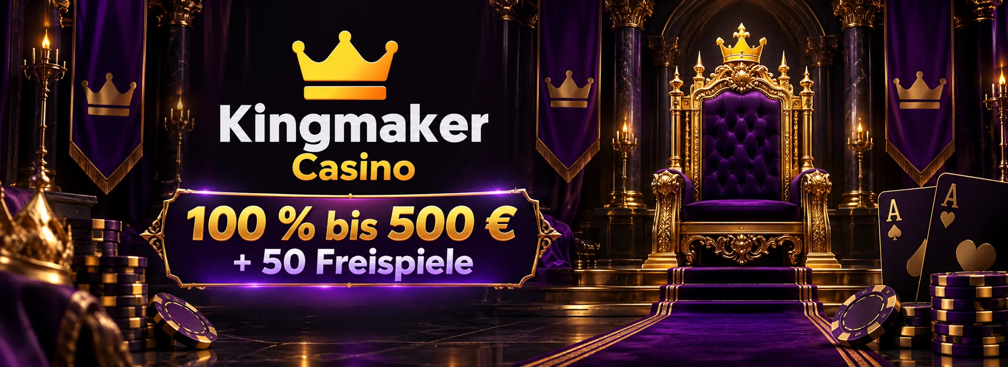 Kingmaker Casino Willkommensbonus 500 € und 50 Freispiele am Royal Fortune Wheel